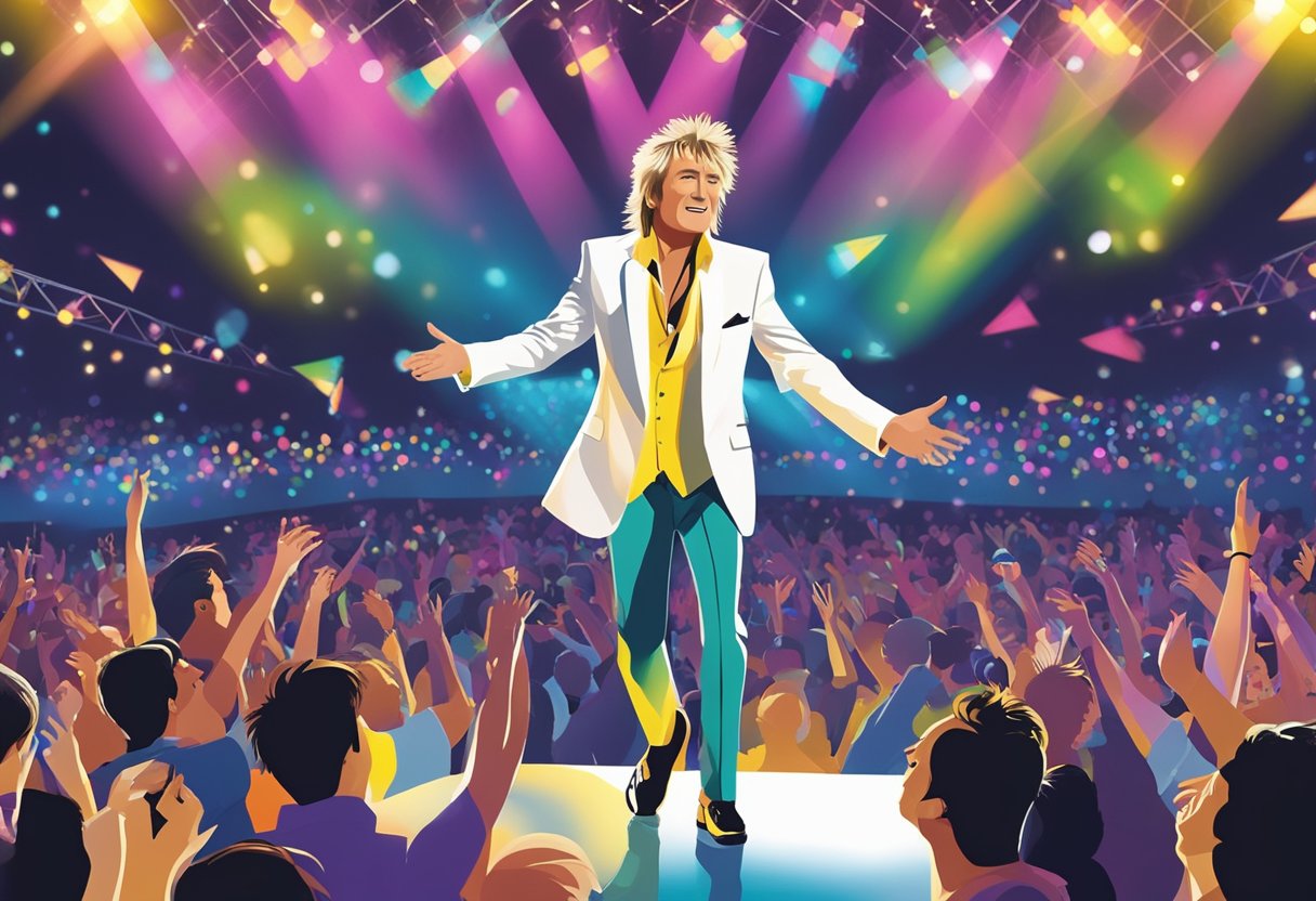 Rod Stewart performs on stage in Singapore, surrounded by a sea of cheering fans and colorful stage lights