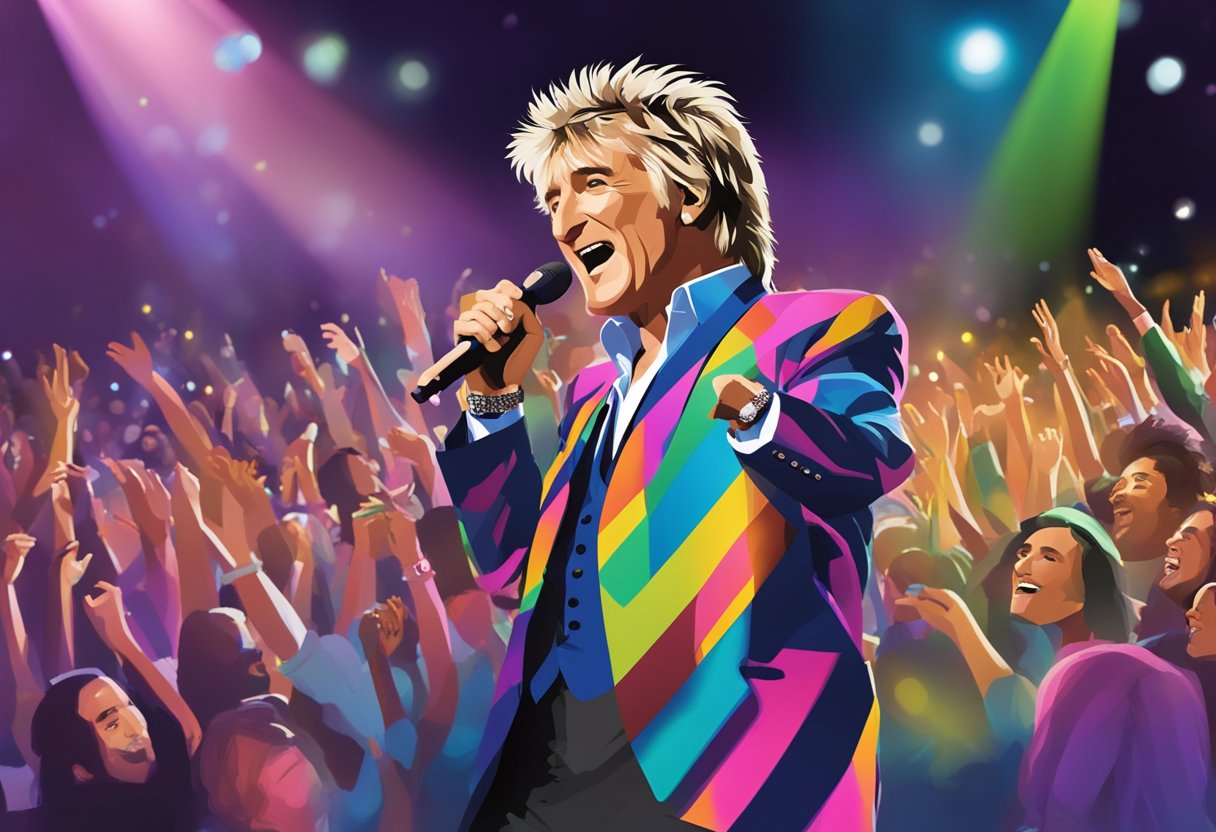 Rod Stewart performs on stage, surrounded by enthusiastic fans and colorful lights