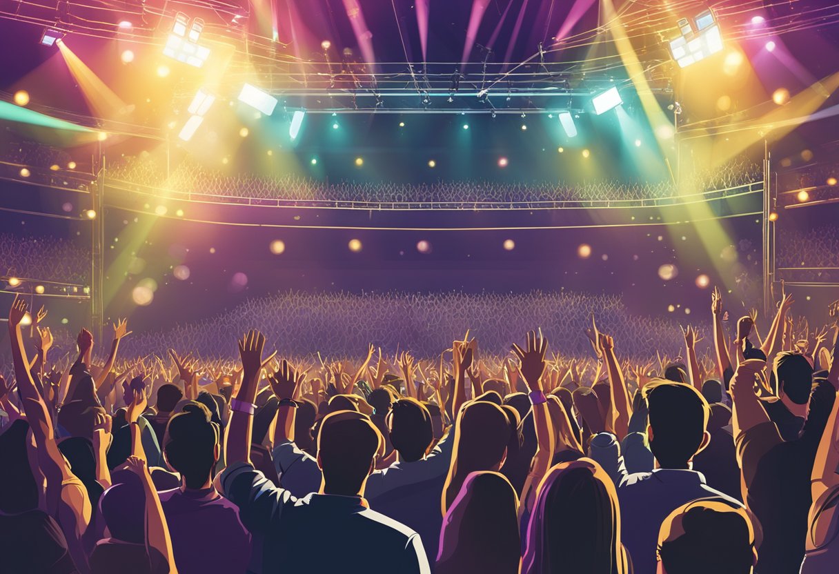 A crowded concert venue with a large stage, bright lights, and enthusiastic fans waving their hands in the air