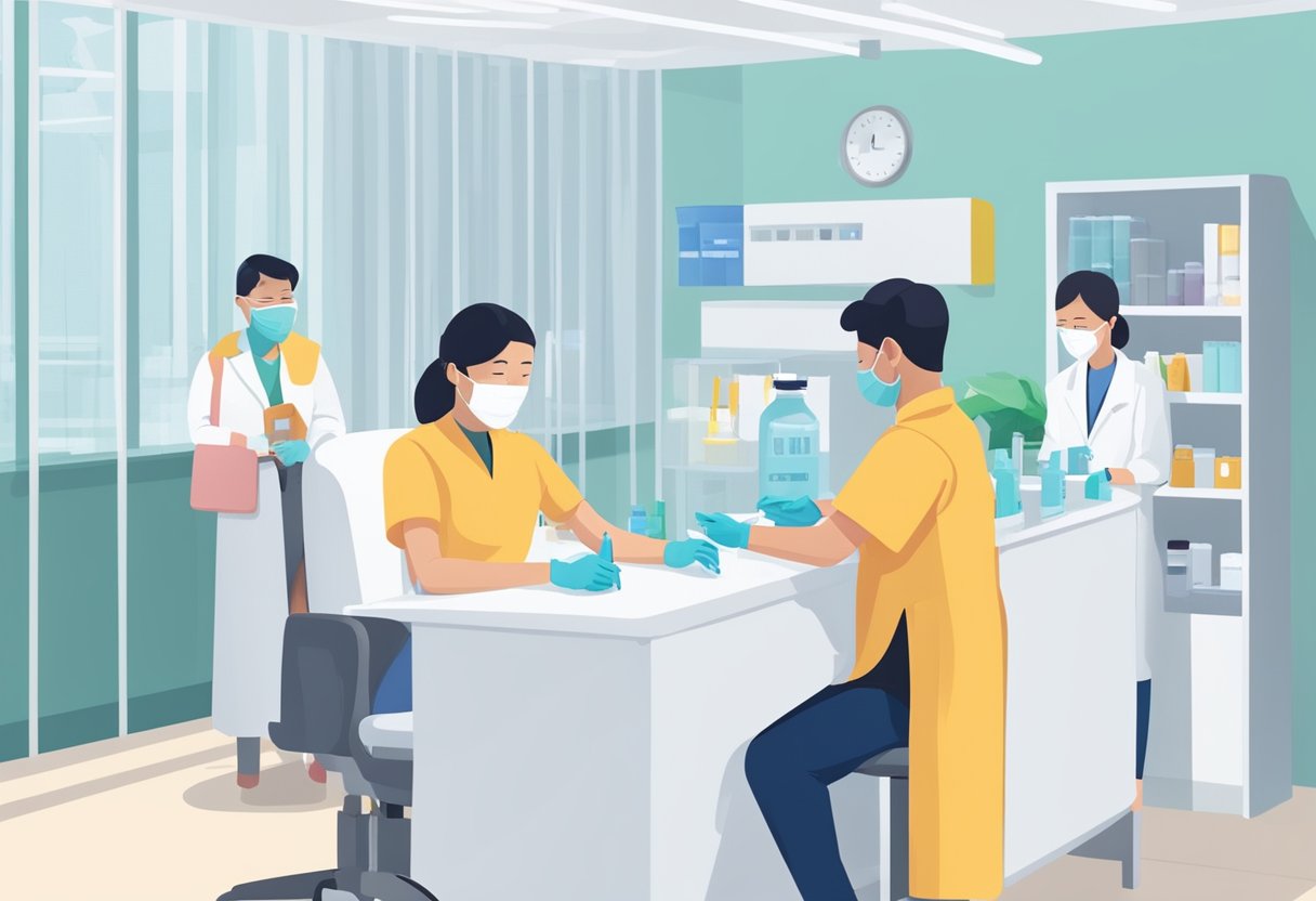 A person receiving a second booster shot in Singapore, with a healthcare professional administering the vaccine in a clinic setting