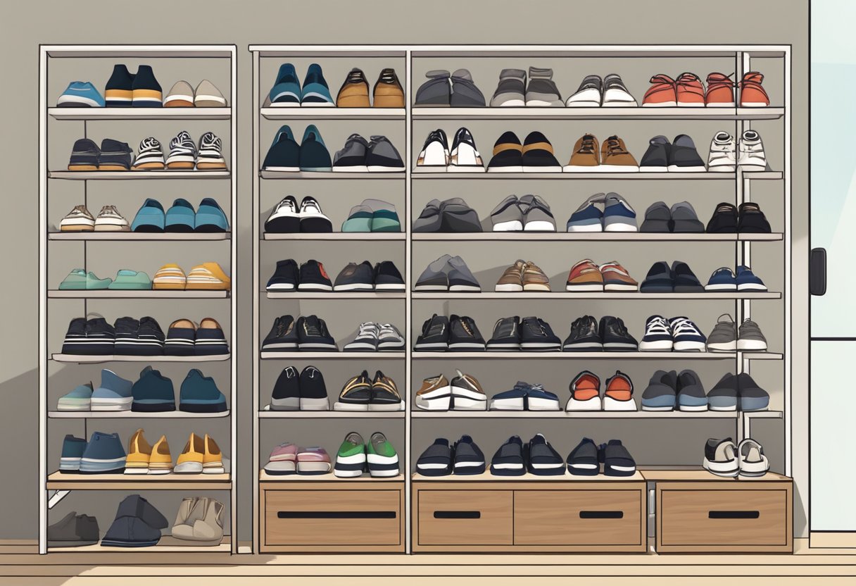 A shoe rack in a modern Singaporean home, neatly organized with various pairs of shoes in different sizes and styles