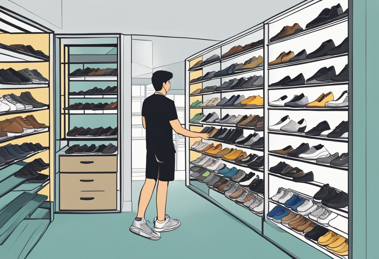 A person browsing various shoe storage options in a Singapore shoe rack store