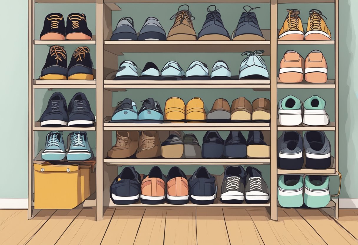 A shoe rack in a small Singapore apartment, neatly organized with various types of footwear, maximizing space and functionality