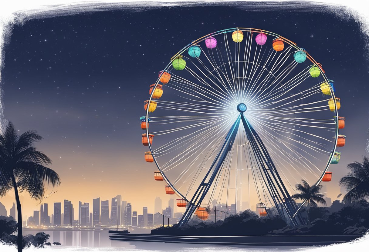 The Singapore Ferris wheel rotates against a backdrop of city lights and a darkening evening sky