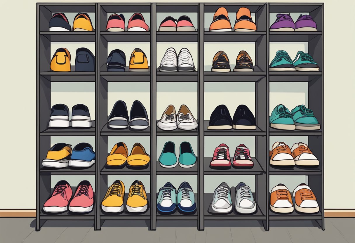 A neat and organized shoe rack in a modern Singaporean home, with various pairs of shoes neatly arranged on the shelves