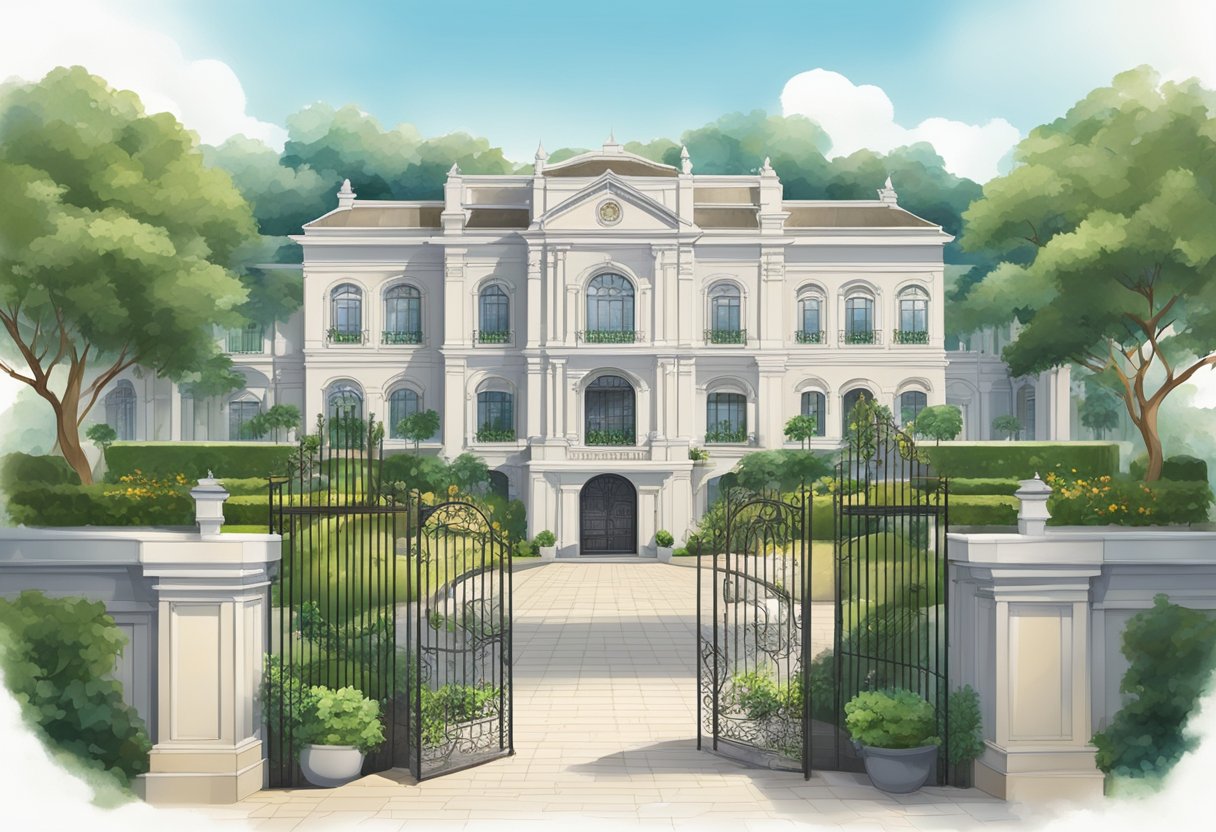 A grand estate in Singapore, with lush gardens and a stately mansion, surrounded by high walls and security gates