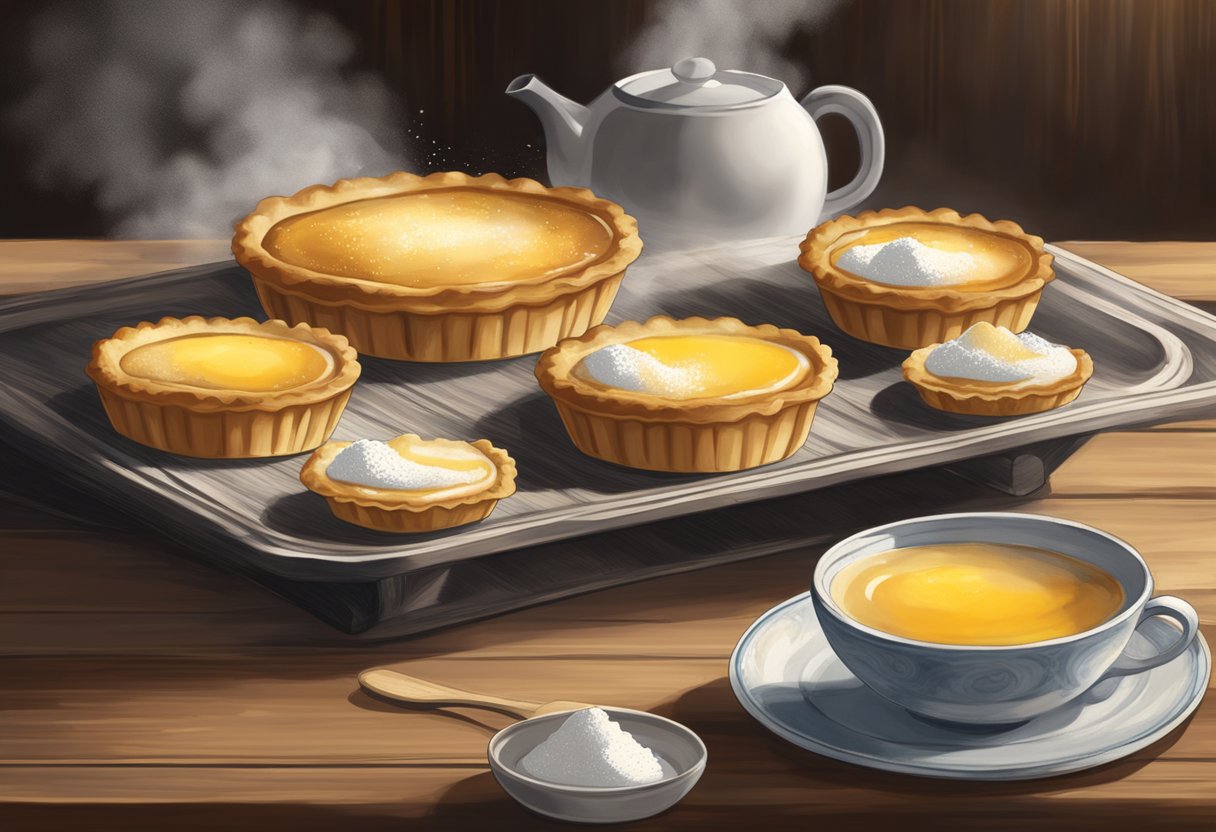 A tray of freshly baked egg tarts sits on a rustic wooden table, steam rising from their golden, flaky crusts. A small dish of powdered sugar and a delicate tea set complete the scene