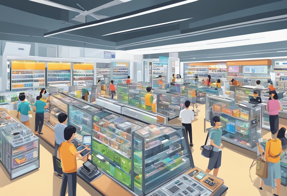 A bustling electronics store in Singapore, with bright displays and busy customers browsing the latest gadgets and appliances