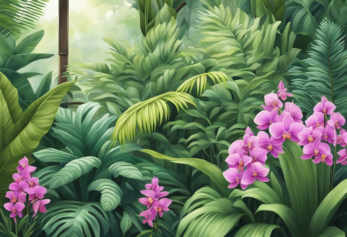 Lush greenery of tropical plants, vibrant orchids, and exotic ferns in a serene garden setting in Singapore