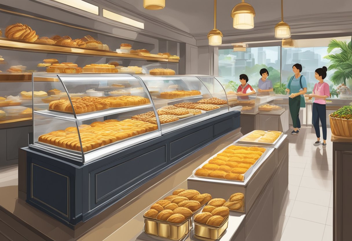 A bustling Singapore bakery, with the aroma of freshly baked pastries filling the air. Display cases showcase golden, flaky egg tarts, a popular treat enjoyed by locals and tourists alike
