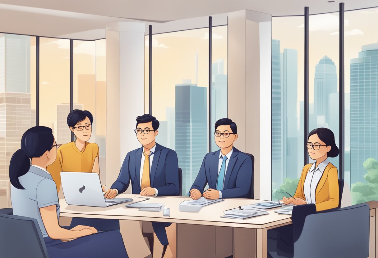 A family lawyer explaining estate tax laws in Singapore to a group of attentive clients in a modern office setting
