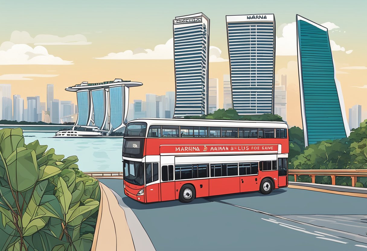 A red double-decker bus drives past the iconic Marina Bay Sands hotel, with the Singapore Flyer visible in the background