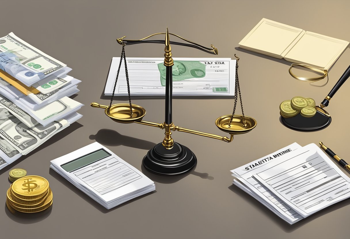 A scale weighing money and legal documents with a tax form and a gavel symbolizing estate tax implications in Singapore