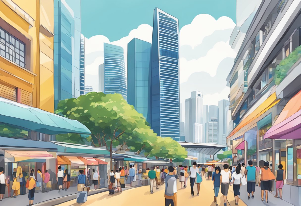 A bustling street in Singapore, with colorful shop fronts and bustling crowds. The iconic Marina Bay Sands tower looms in the background
