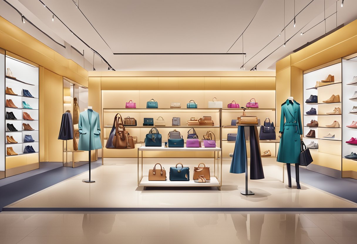 A colorful display of Coach Singapore's collections, featuring luxury handbags, stylish accessories, and elegant footwear, set against a modern and chic backdrop