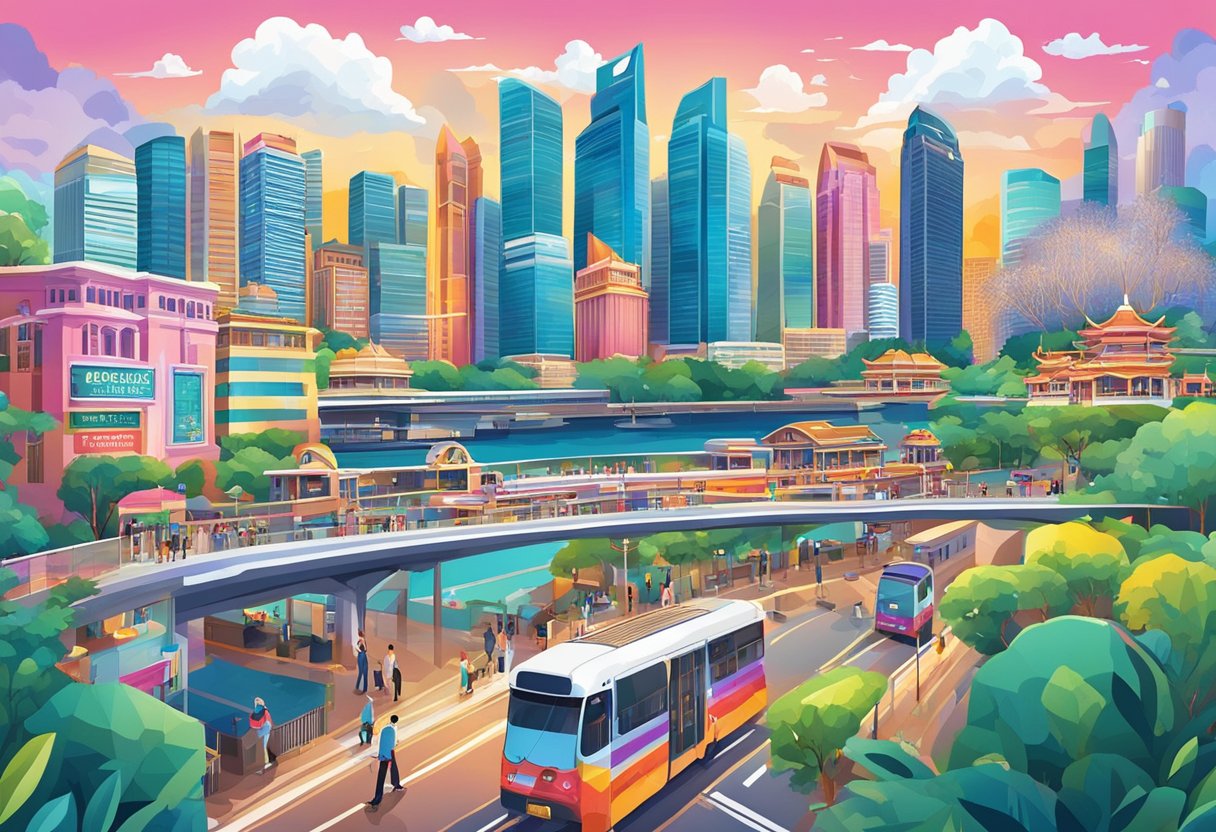 A colorful cityscape with iconic landmarks and bustling streets, showcasing the vibrancy and energy of Singapore's urban landscape