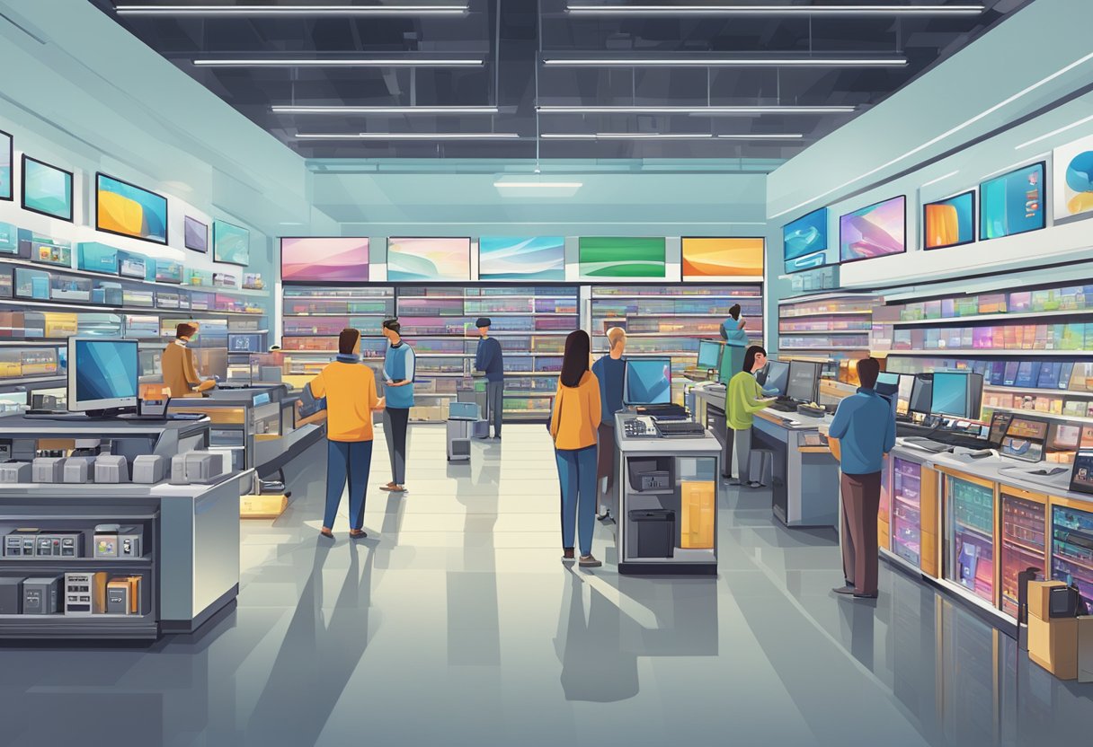 A bustling electronics store with bright lights, rows of sleek gadgets, and friendly staff assisting customers