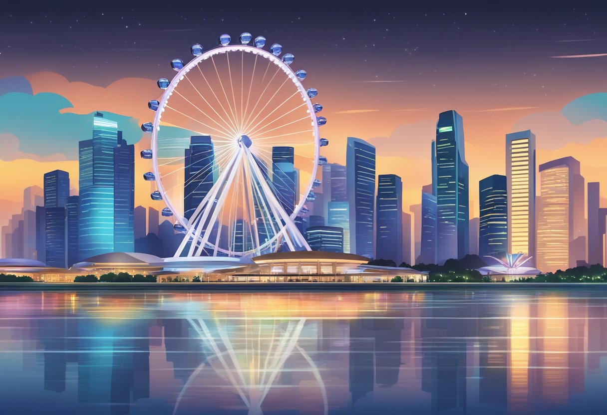 The Singapore Flyer rotates against a backdrop of city lights, with the glowing skyline and reflections in the water below