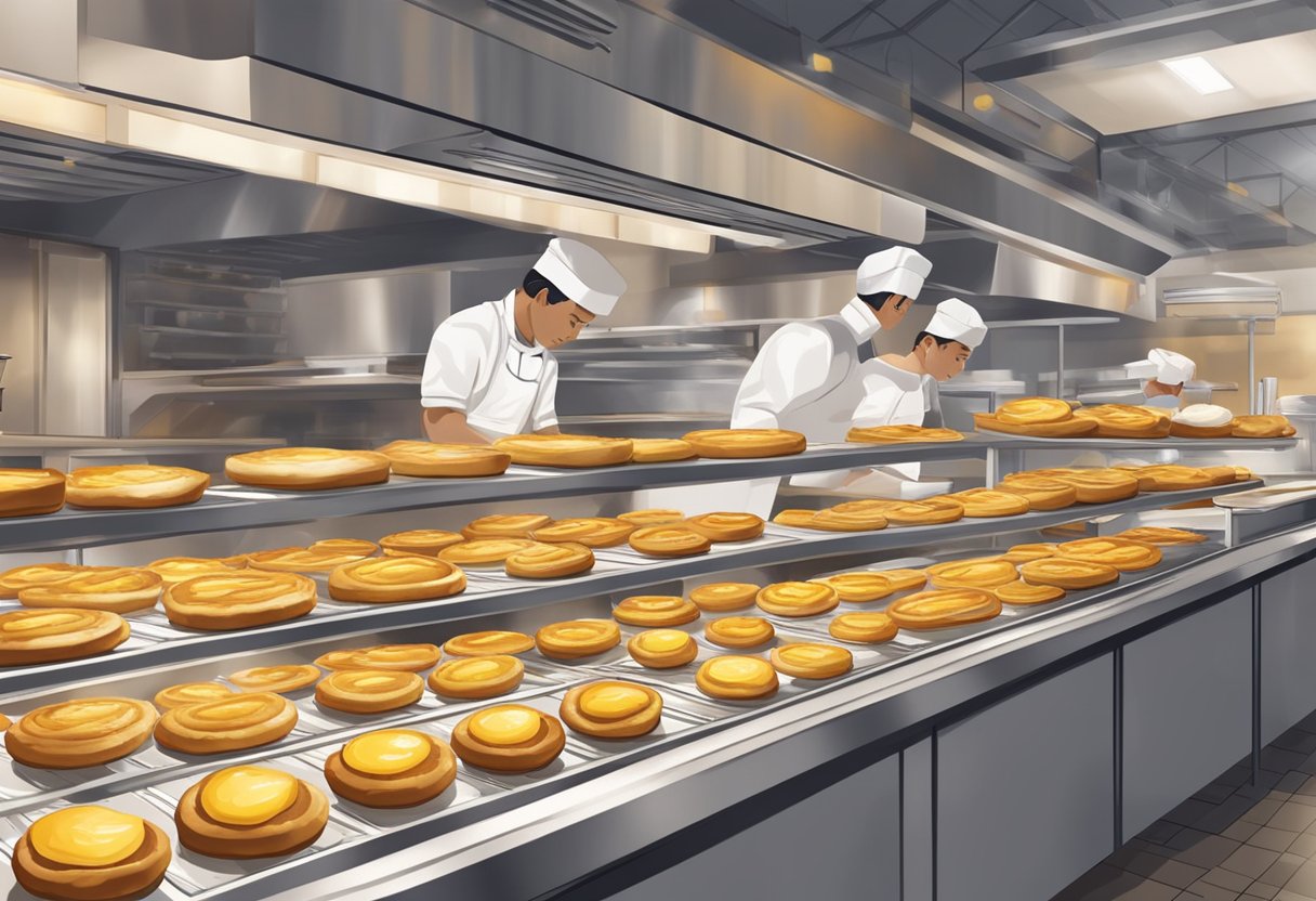 A bustling bakery in Singapore, with trays of golden, flaky egg tarts cooling on the counter. The aroma of freshly baked pastries fills the air
