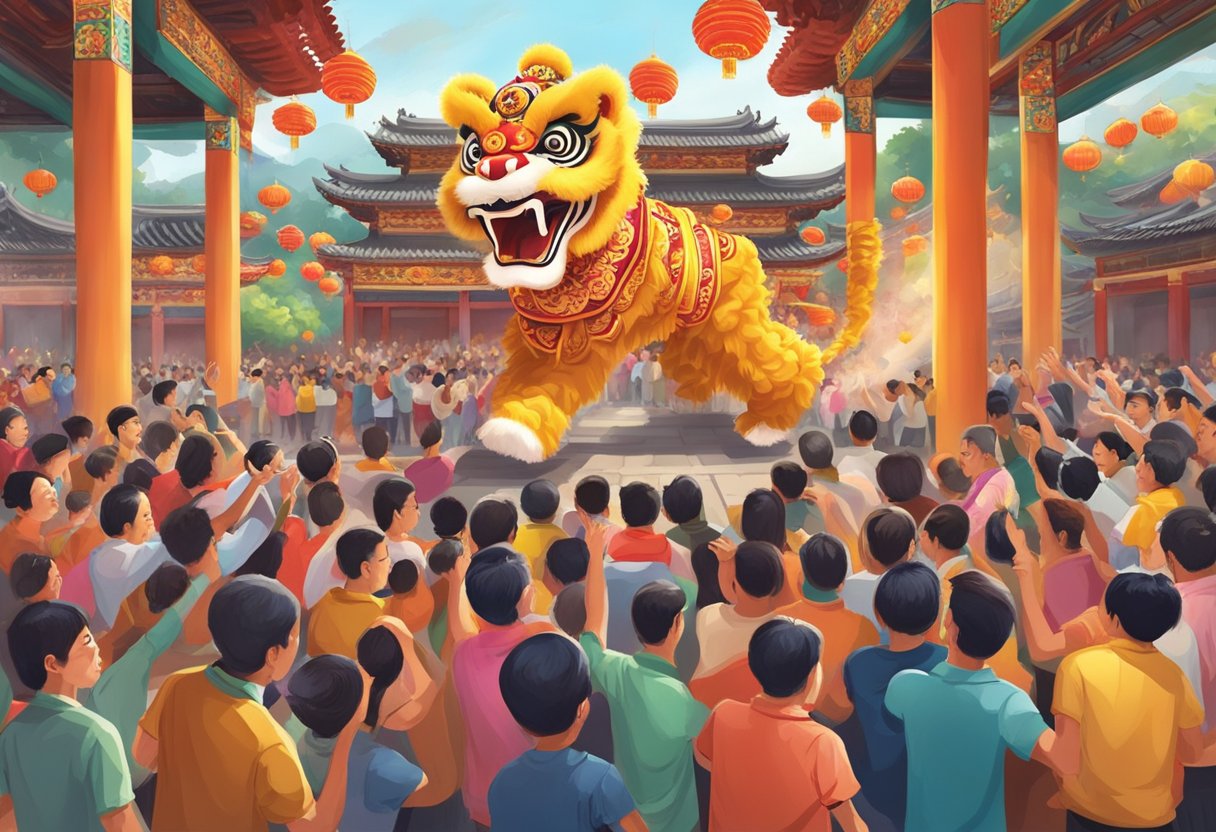 A vibrant lion dance performance at a temple, with colorful costumes and lively music, surrounded by a diverse crowd of onlookers