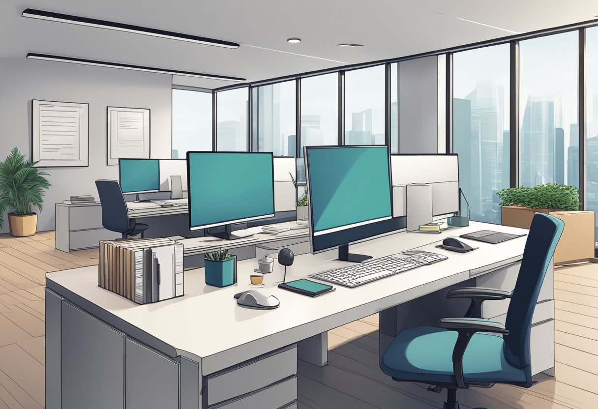 A modern office setting with a computer, desk, and a sign that reads "Frequently Asked Questions estate tax singapore."