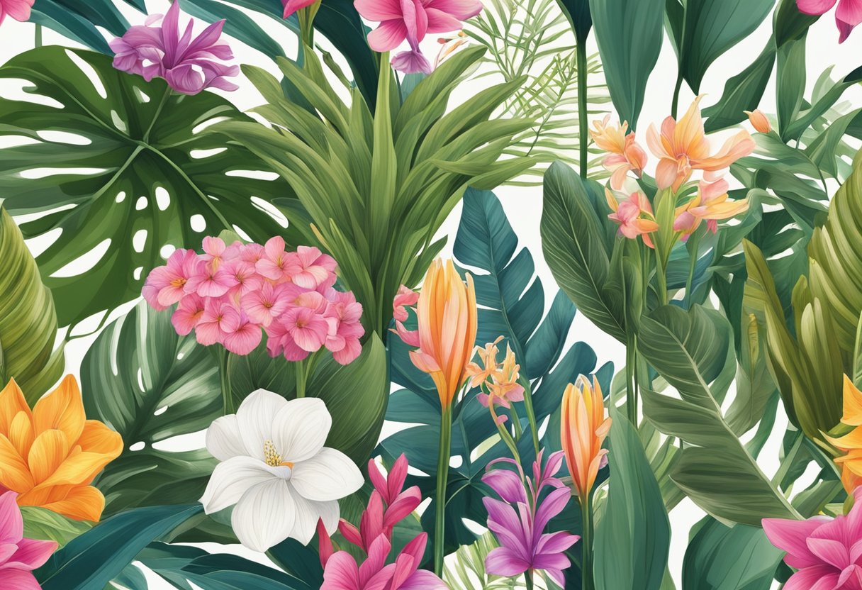 A colorful array of exotic flowers and plants arranged in a modern, sleek display at the Far East Flora store in Singapore