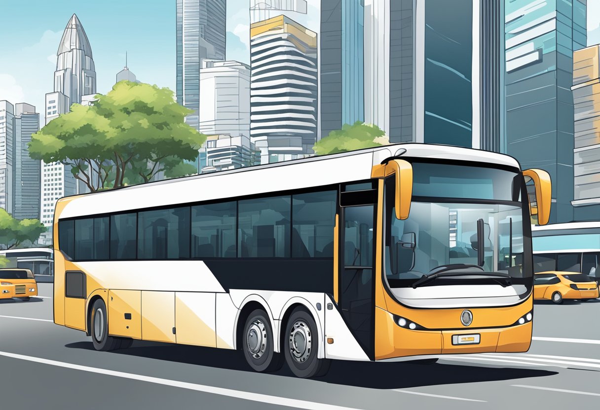 A sleek, modern coach bus navigates through the bustling streets of Singapore, with iconic landmarks in the background