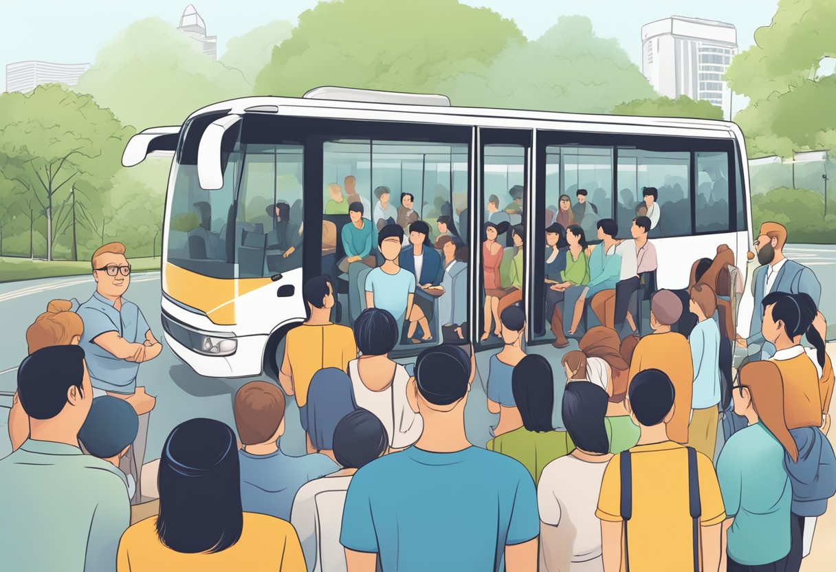 A coach in Singapore answers frequently asked questions, surrounded by a group of curious individuals seeking information