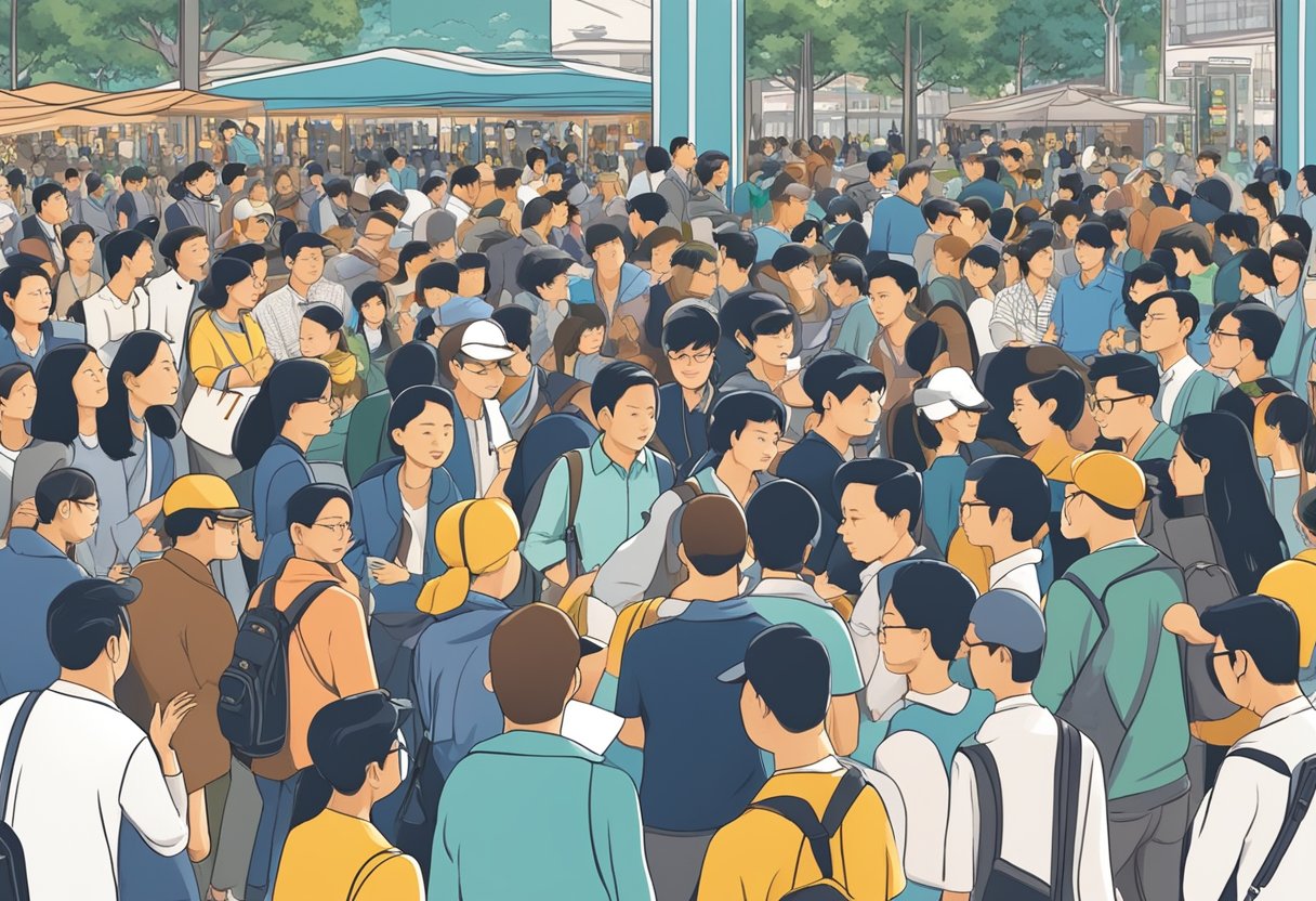 A bustling crowd gathers at the "Frequently Asked Questions" booth in Singapore, with people eagerly seeking information and assistance