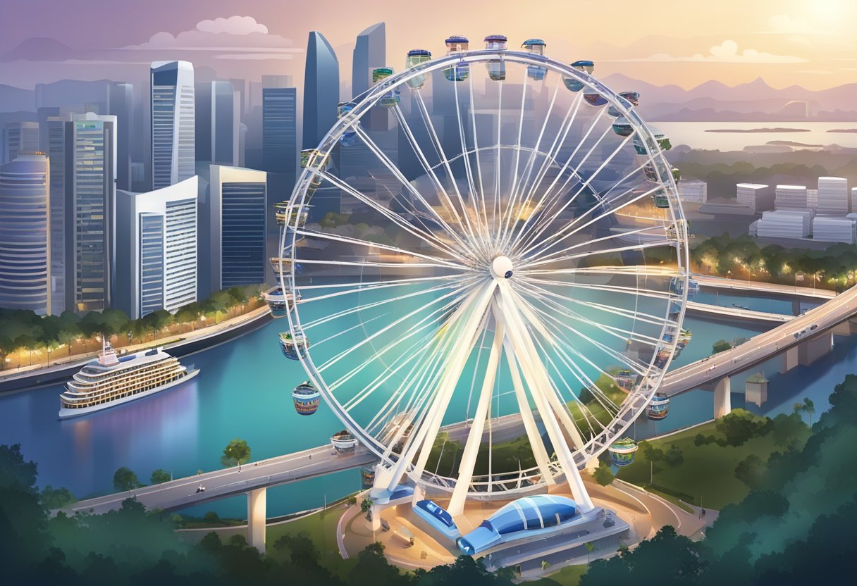 The Singapore Flyer, a massive ferris wheel, towers over the city skyline, offering breathtaking views of surrounding attractions and landmarks