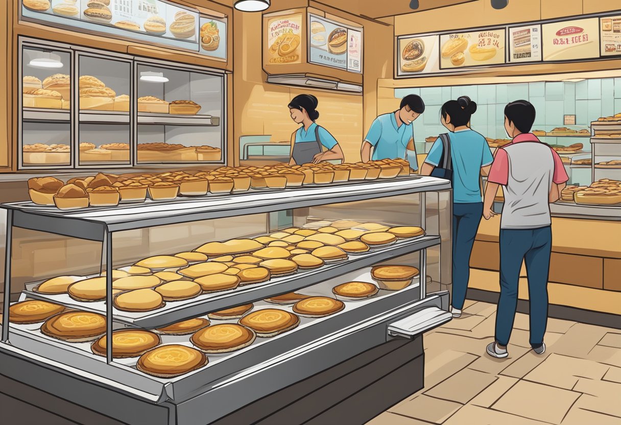 A display of various egg tarts with a sign reading "Frequently Asked Questions egg tart singapore" in a bustling Singaporean bakery