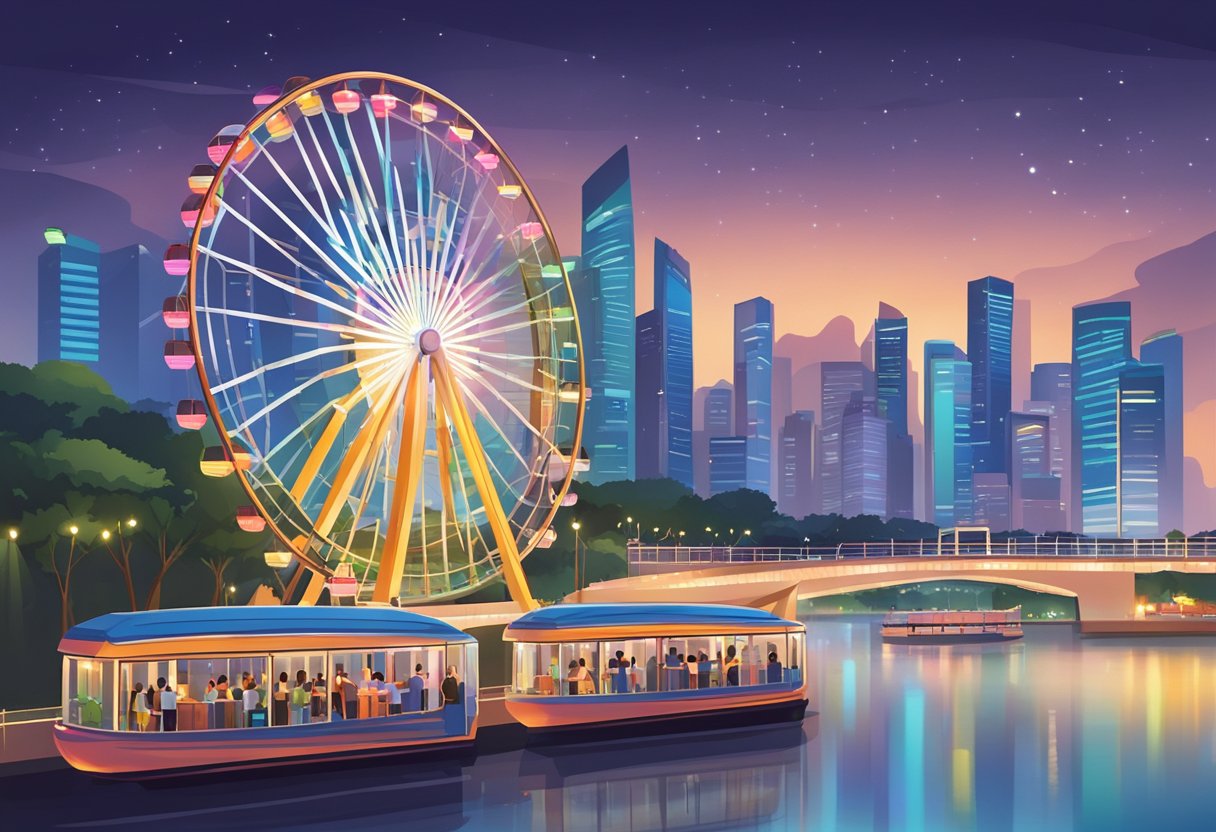 The iconic Singapore Ferris wheel rotates against a backdrop of city lights, with visitors boarding and disembarking from the spacious, air-conditioned capsules