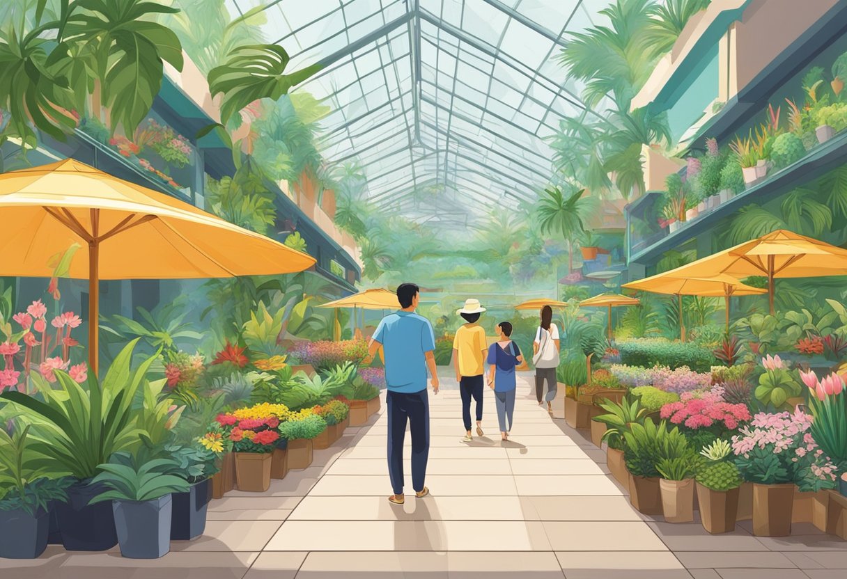 Customers browse vibrant displays of exotic plants at Far East Flora, Singapore. Bright blooms and lush greenery fill the space, creating a lively and inviting atmosphere