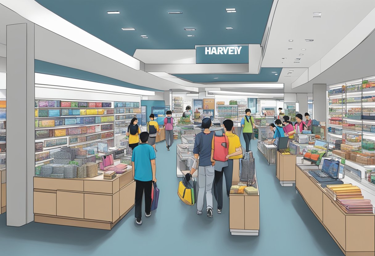 A bustling Harvey Norman store in Singapore, with customers browsing products and staff assisting