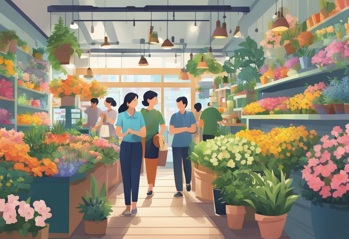A bustling floral shop in Singapore, with customers browsing shelves and staff assisting. Bright signage and colorful displays catch the eye
