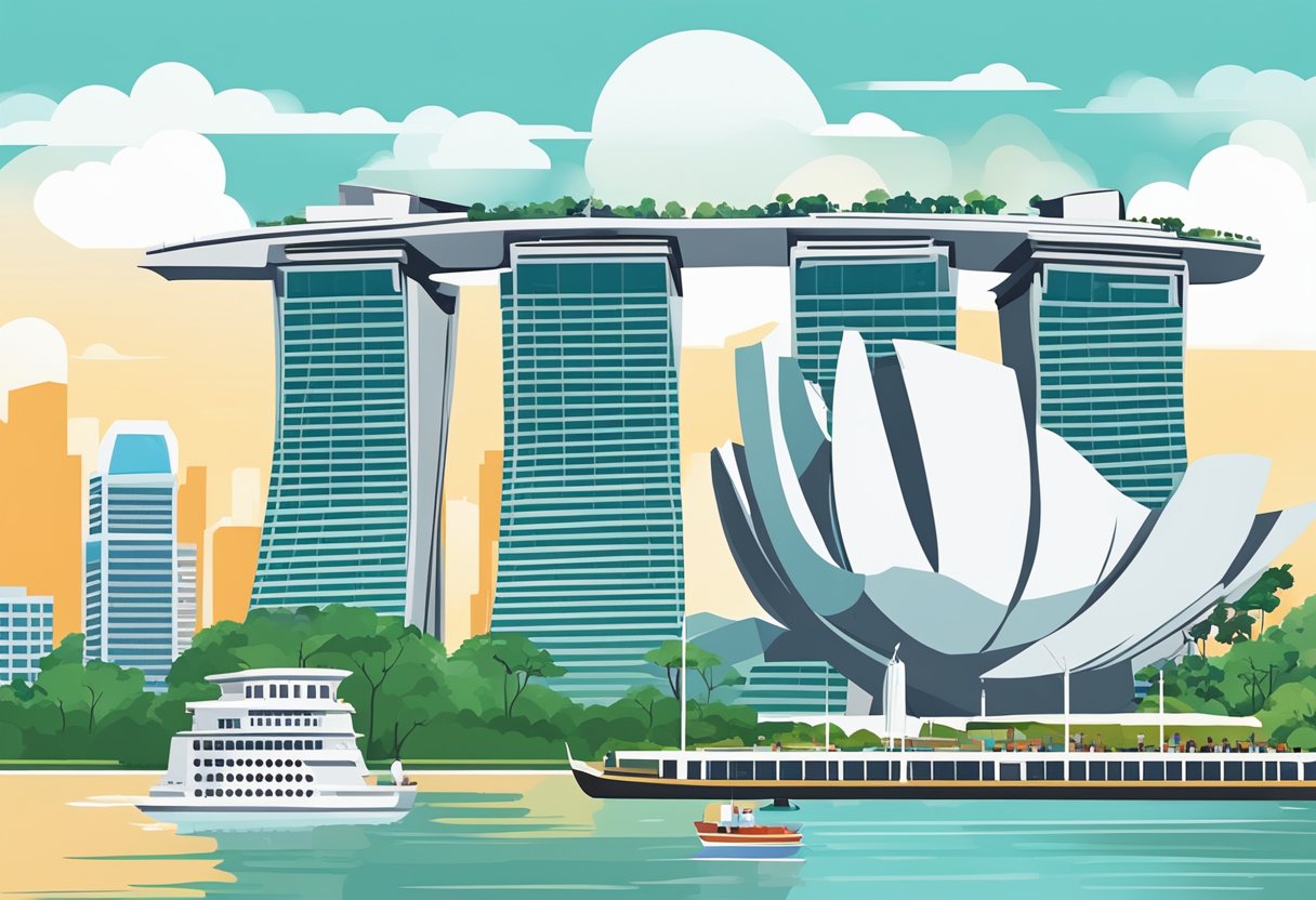 The iconic Marina Bay Sands, Gardens by the Bay, and Merlion statue stand against the city skyline as boats glide through the bustling Singapore River