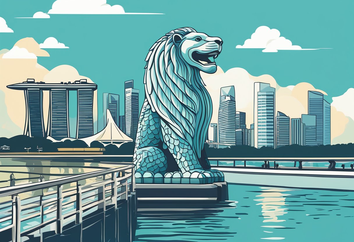 The iconic Merlion statue spouts water against the backdrop of the Marina Bay Sands and the Singapore Flyer