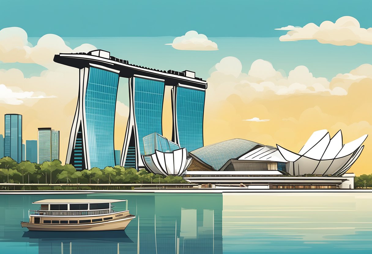 The iconic Marina Bay Sands hotel in Singapore, with its three towering skyscrapers and the unique boat-shaped rooftop structure, stands out against the city skyline