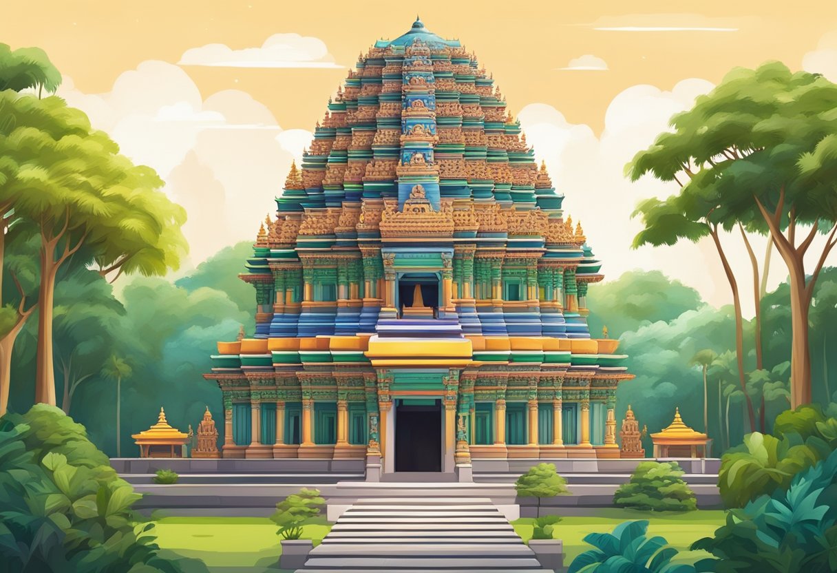 The Sivan Temple in Singapore stands tall with colorful, intricate carvings and statues, surrounded by lush greenery and a peaceful atmosphere