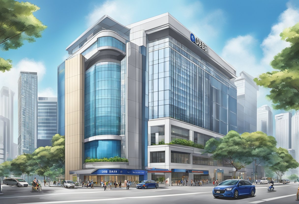 The UOB Bank in Singapore stands tall with its modern architecture and sleek design, surrounded by bustling city streets and vibrant urban life