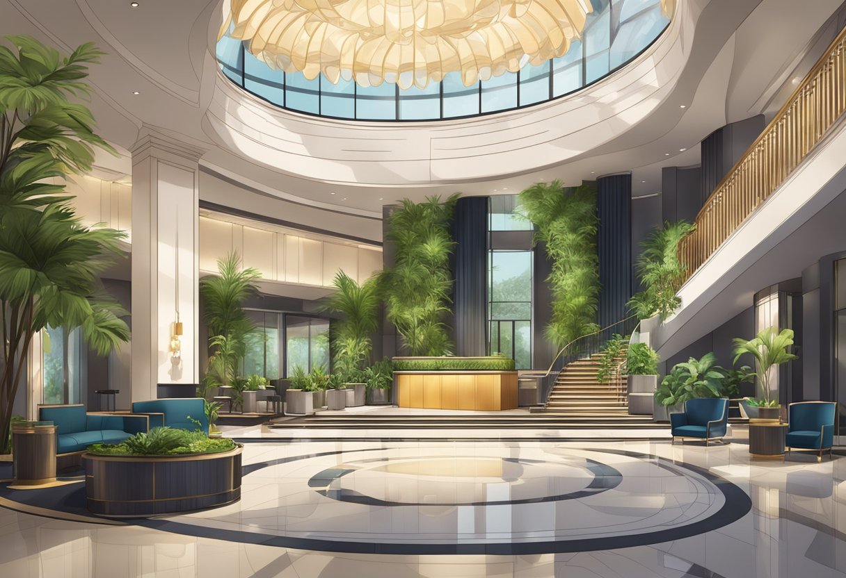 The hotel lobby is adorned with modern furniture and lush greenery. A reception desk sits in the center, with a grand staircase leading to the upper floors