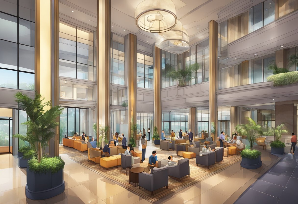 The hotel lobby in Singapore is bustling with guests and staff. The modern design and seamless connectivity create a vibrant atmosphere