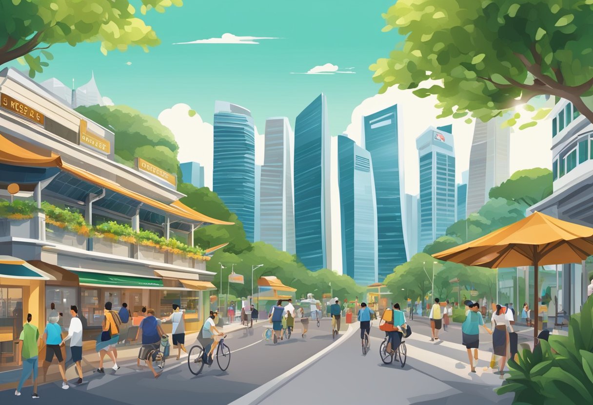 A bustling cityscape with iconic landmarks, bustling streets, and vibrant green spaces showcasing the diverse leisure and recreation options in Singapore