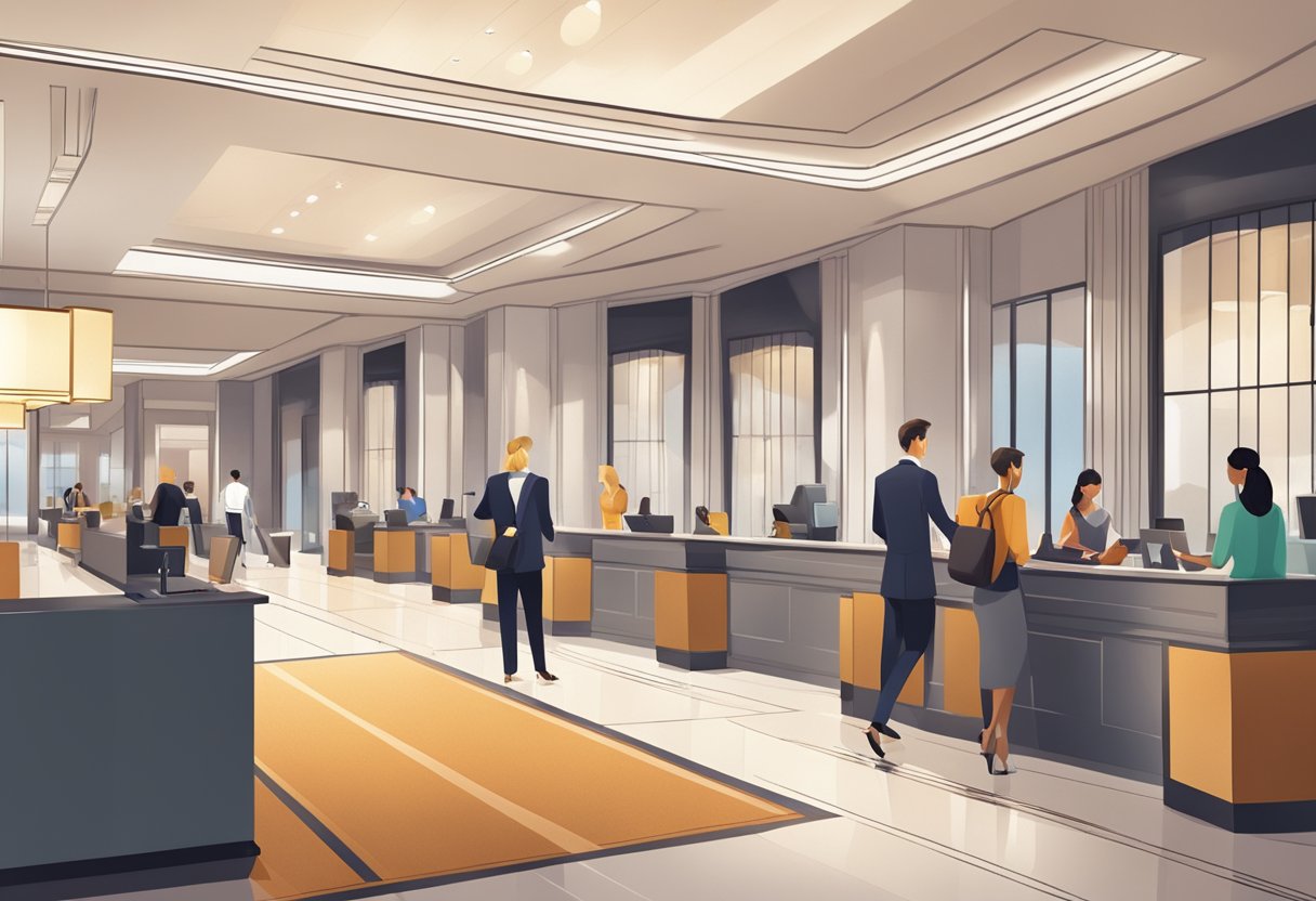 A bustling hotel lobby with a reception desk, guests checking in, and staff assisting with luggage. The area is modern and well-lit, with a sleek design and comfortable seating for visitors