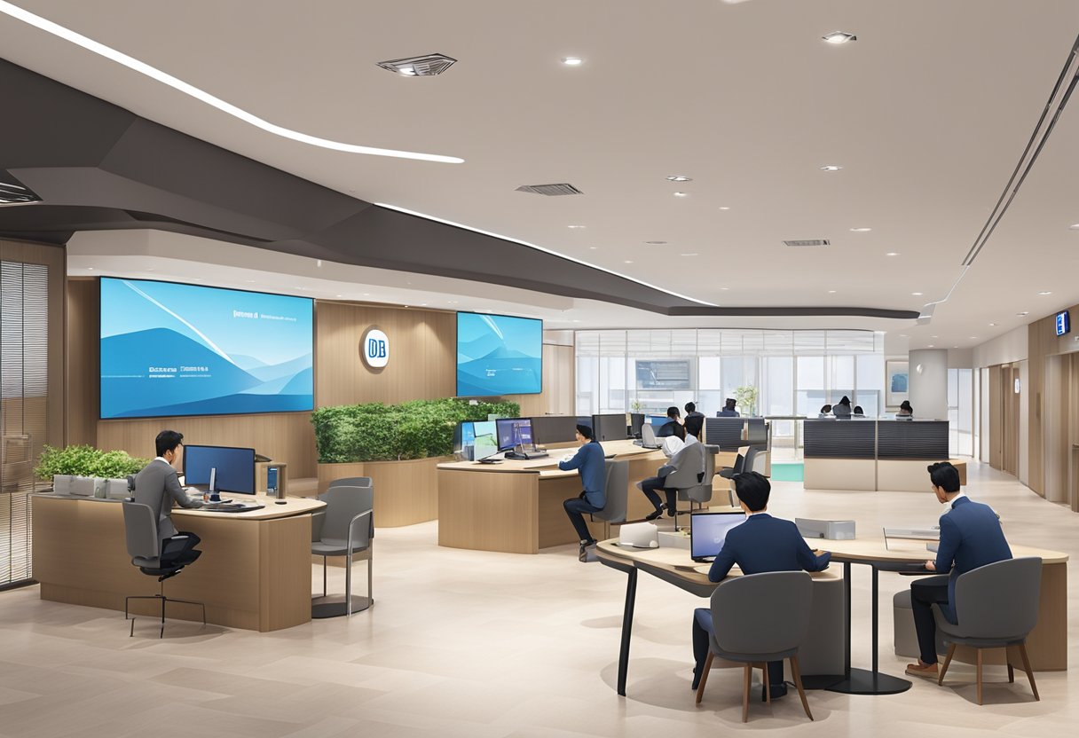 UOB Bank Singapore: A modern, spacious banking hall with sleek counters, digital screens, and comfortable seating areas for customers
