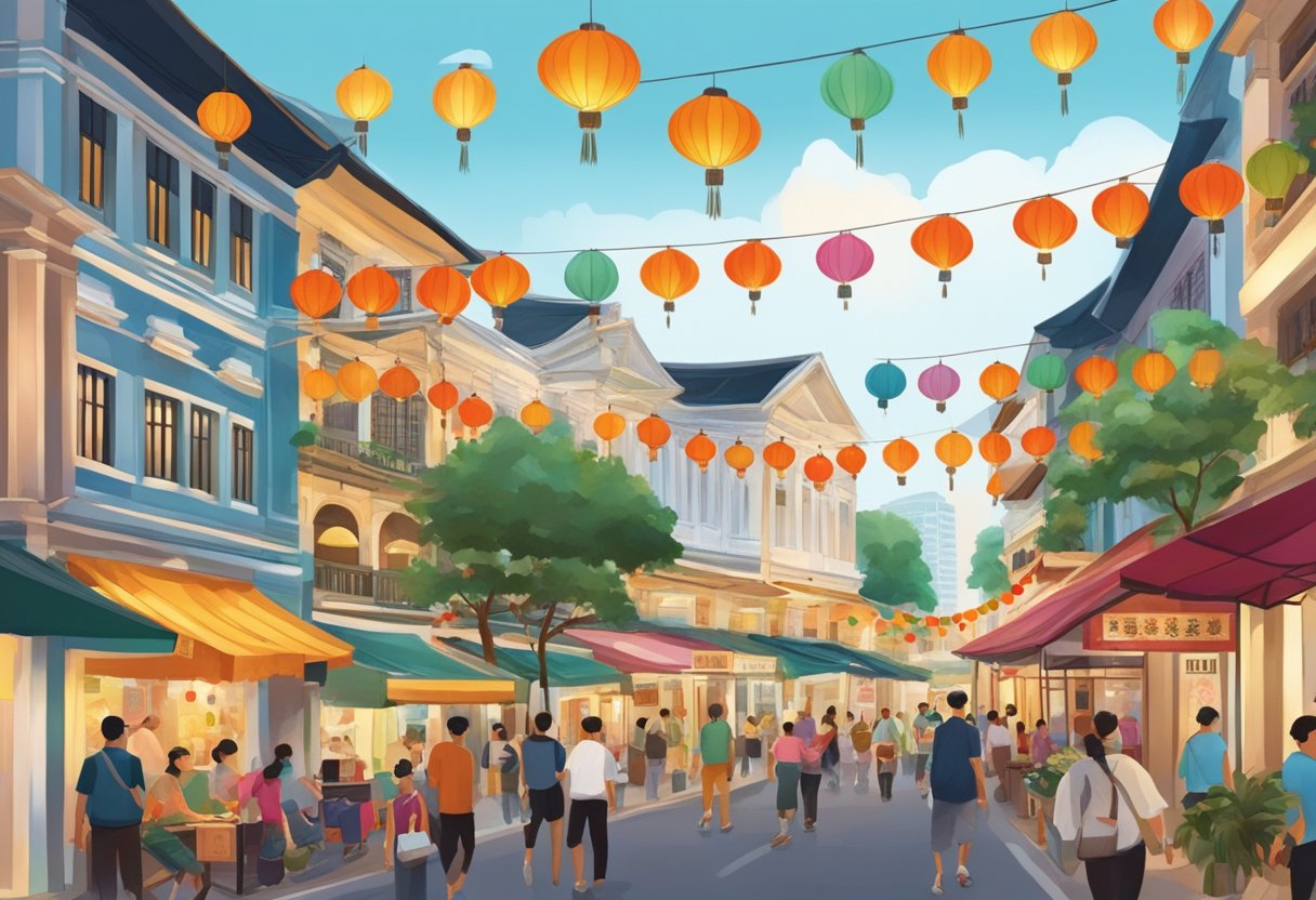 A bustling market street in Singapore, lined with traditional shophouses and adorned with colorful lanterns. A mix of old and new, capturing the rich history and cultural legacy of the city