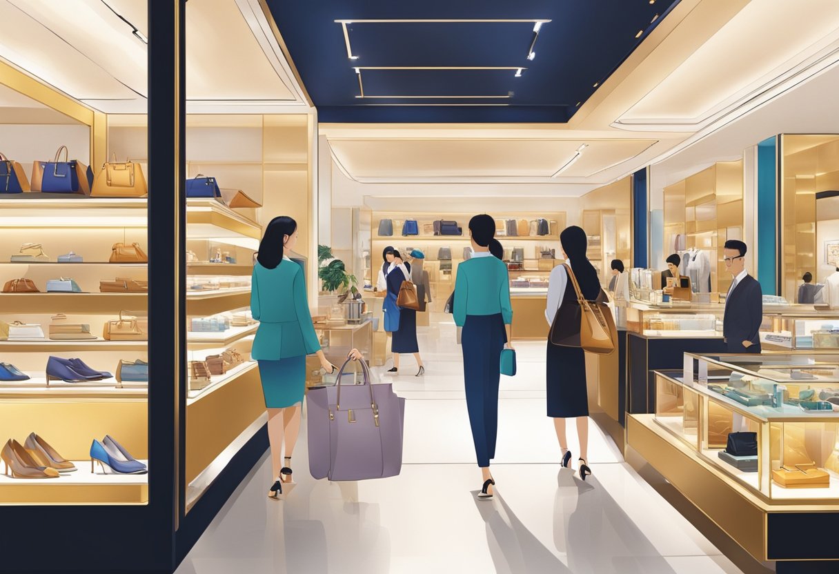 Customers browsing luxury goods in Tangs Singapore, with elegant displays and vibrant colors