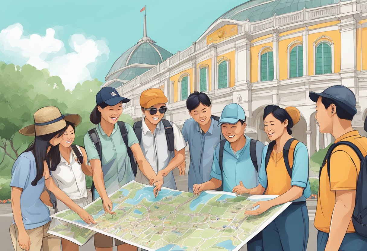 Tourists gather around a map, pointing and discussing, while a tour guide gestures towards a famous landmark in Singapore