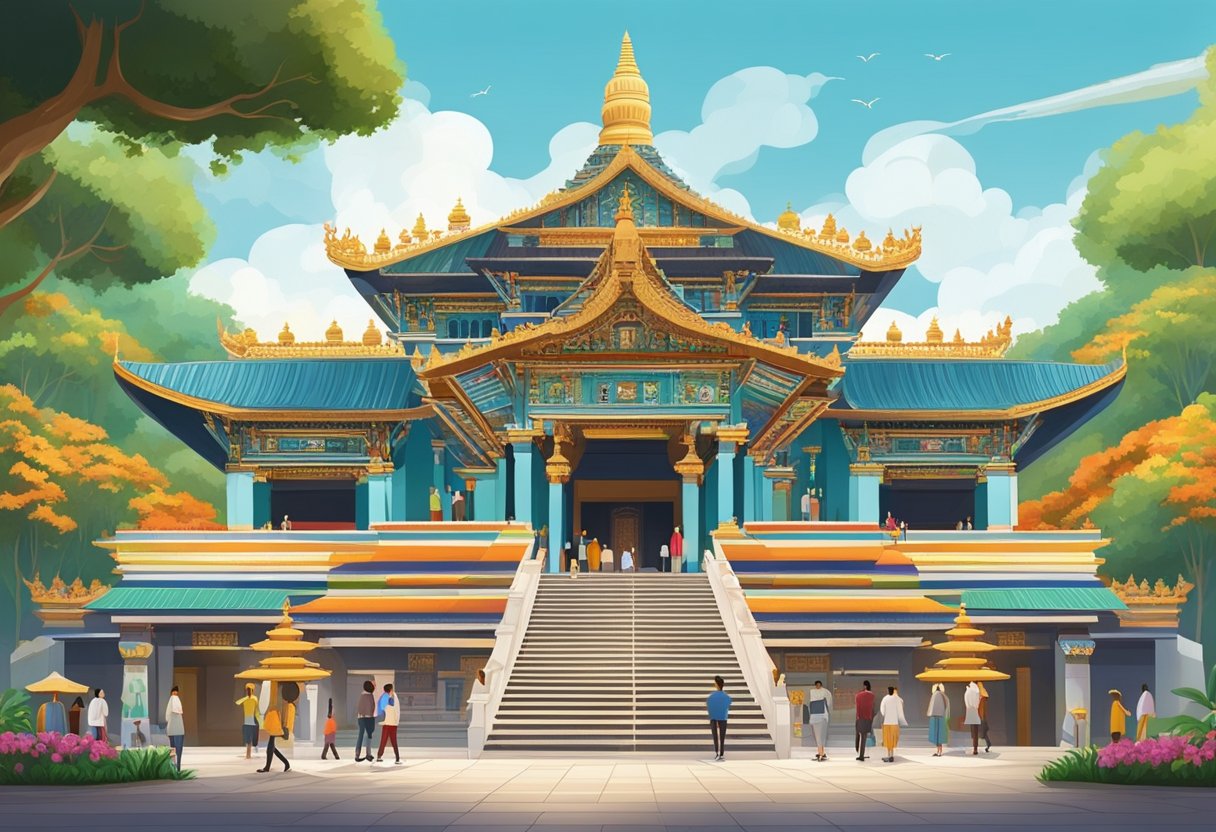 The Sivan Temple in Singapore, with colorful and intricate architecture, surrounded by worshippers and visitors