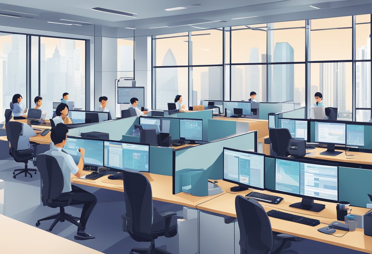UOB Bank Singapore's customer support and security team at work in a modern office setting with computer screens, security cameras, and a customer service hotline